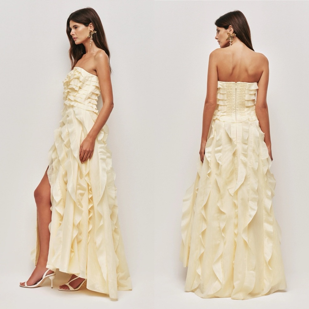 Aje Allaire Strapless Ruffled Shirred Faille Gown Butter Yellow NEW with tag - Picture 2 of 10